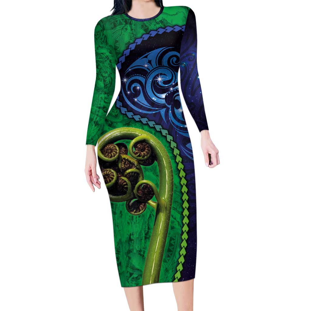 New Zealand Matariki Fern Frond Koru Long Sleeve Bodycon Dress with Galaxy Blue Sky and Green Paua Shell Art LT03 Long Dress Blue - Polynesian Pride