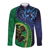 New Zealand Matariki Fern Frond Koru Long Sleeve Button Shirt with Galaxy Blue Sky and Green Paua Shell Art LT03 Unisex Blue - Polynesian Pride
