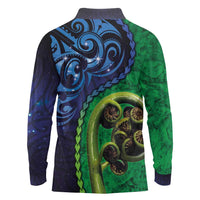 New Zealand Matariki Fern Frond Koru Long Sleeve Polo Shirt with Galaxy Blue Sky and Green Paua Shell Art LT03 - Polynesian Pride