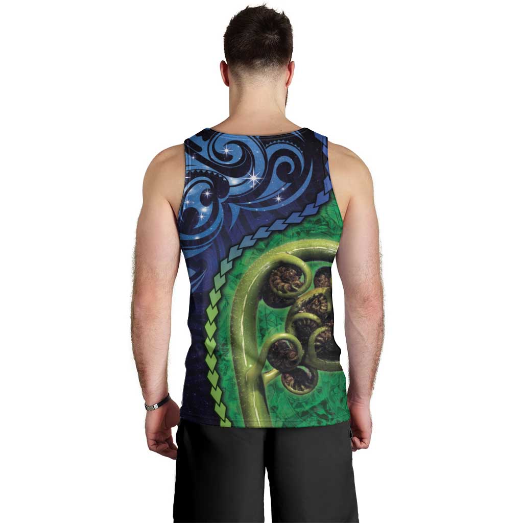 New Zealand Matariki Fern Frond Koru Men Tank Top with Galaxy Blue Sky and Green Paua Shell Art LT03 - Polynesian Pride