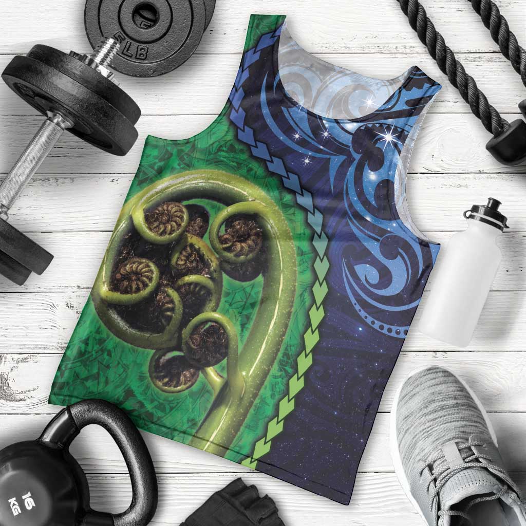 New Zealand Matariki Fern Frond Koru Men Tank Top with Galaxy Blue Sky and Green Paua Shell Art LT03 - Polynesian Pride