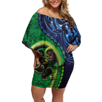 New Zealand Matariki Fern Frond Koru Off Shoulder Short Dress with Galaxy Blue Sky and Green Paua Shell Art LT03 Women Blue - Polynesian Pride