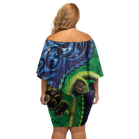 New Zealand Matariki Fern Frond Koru Off Shoulder Short Dress with Galaxy Blue Sky and Green Paua Shell Art LT03 - Polynesian Pride