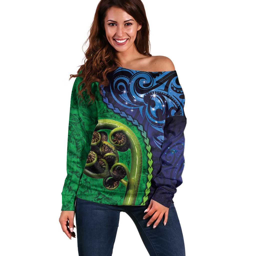 New Zealand Matariki Fern Frond Koru Off Shoulder Sweater with Galaxy Blue Sky and Green Paua Shell Art LT03 Women Blue - Polynesian Pride