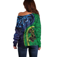 New Zealand Matariki Fern Frond Koru Off Shoulder Sweater with Galaxy Blue Sky and Green Paua Shell Art LT03 - Polynesian Pride