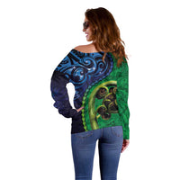 New Zealand Matariki Fern Frond Koru Off Shoulder Sweater with Galaxy Blue Sky and Green Paua Shell Art LT03 - Polynesian Pride
