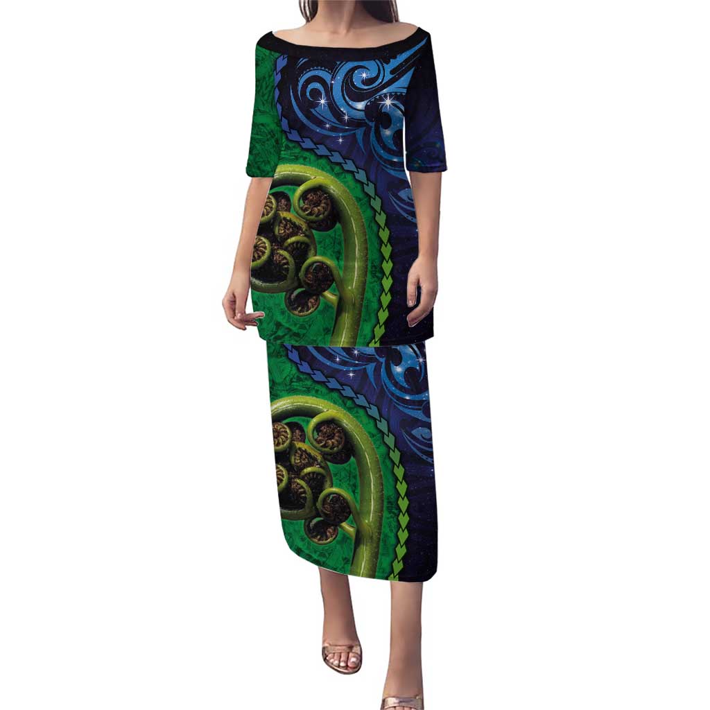 New Zealand Matariki Fern Frond Koru Puletasi with Galaxy Blue Sky and Green Paua Shell Art