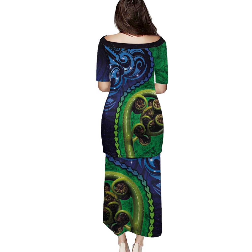 New Zealand Matariki Fern Frond Koru Puletasi with Galaxy Blue Sky and Green Paua Shell Art LT03 - Polynesian Pride