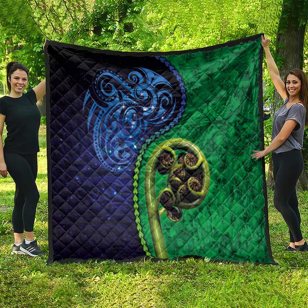 New Zealand Matariki Fern Frond Koru Quilt with Galaxy Blue Sky and Green Paua Shell Art LT03 - Polynesian Pride