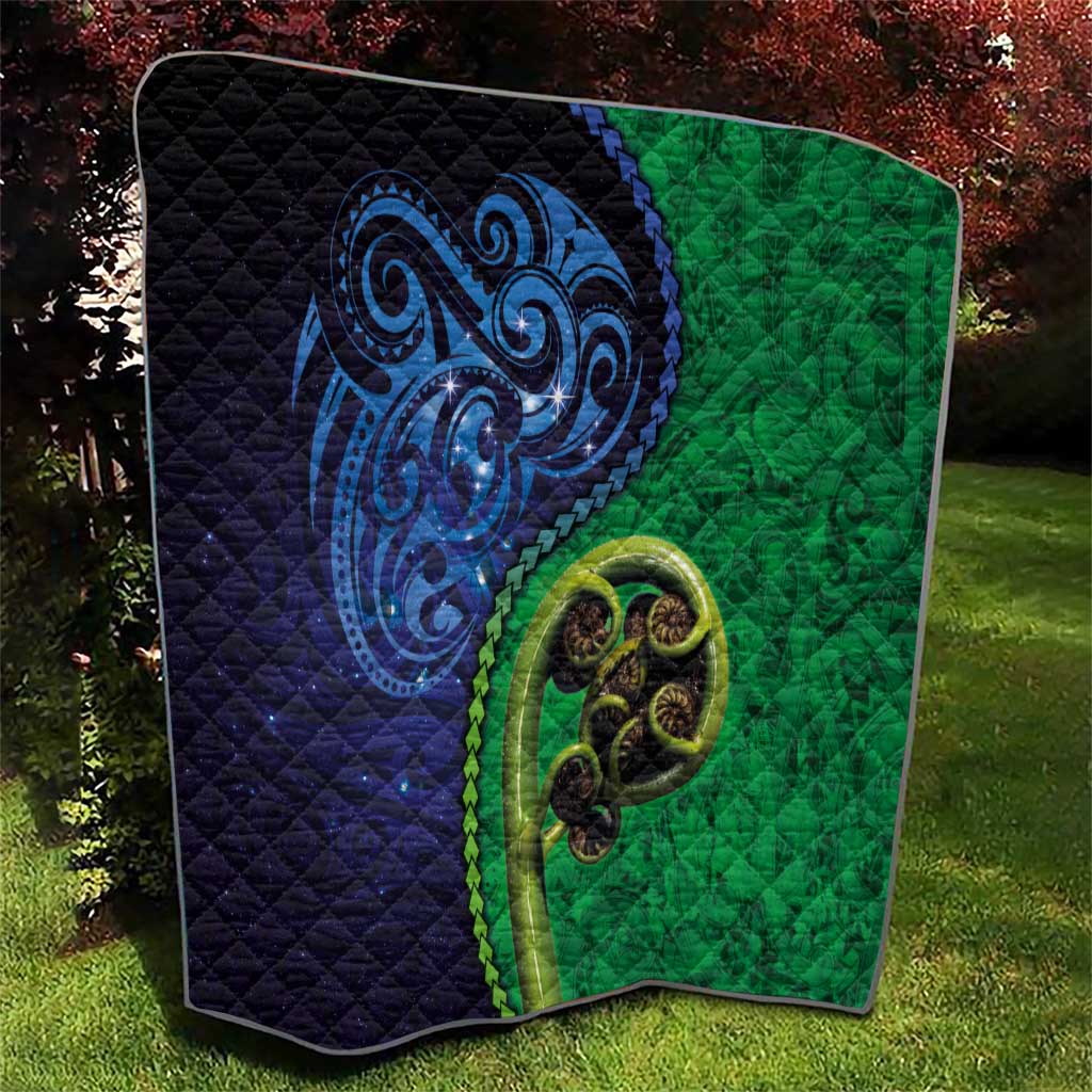 New Zealand Matariki Fern Frond Koru Quilt with Galaxy Blue Sky and Green Paua Shell Art LT03 - Polynesian Pride