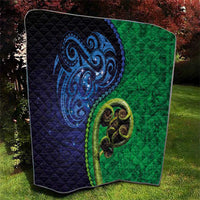 New Zealand Matariki Fern Frond Koru Quilt with Galaxy Blue Sky and Green Paua Shell Art LT03 - Polynesian Pride