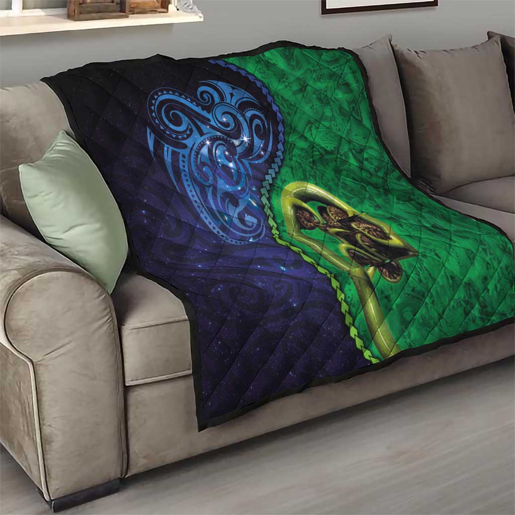 New Zealand Matariki Fern Frond Koru Quilt with Galaxy Blue Sky and Green Paua Shell Art LT03 - Polynesian Pride