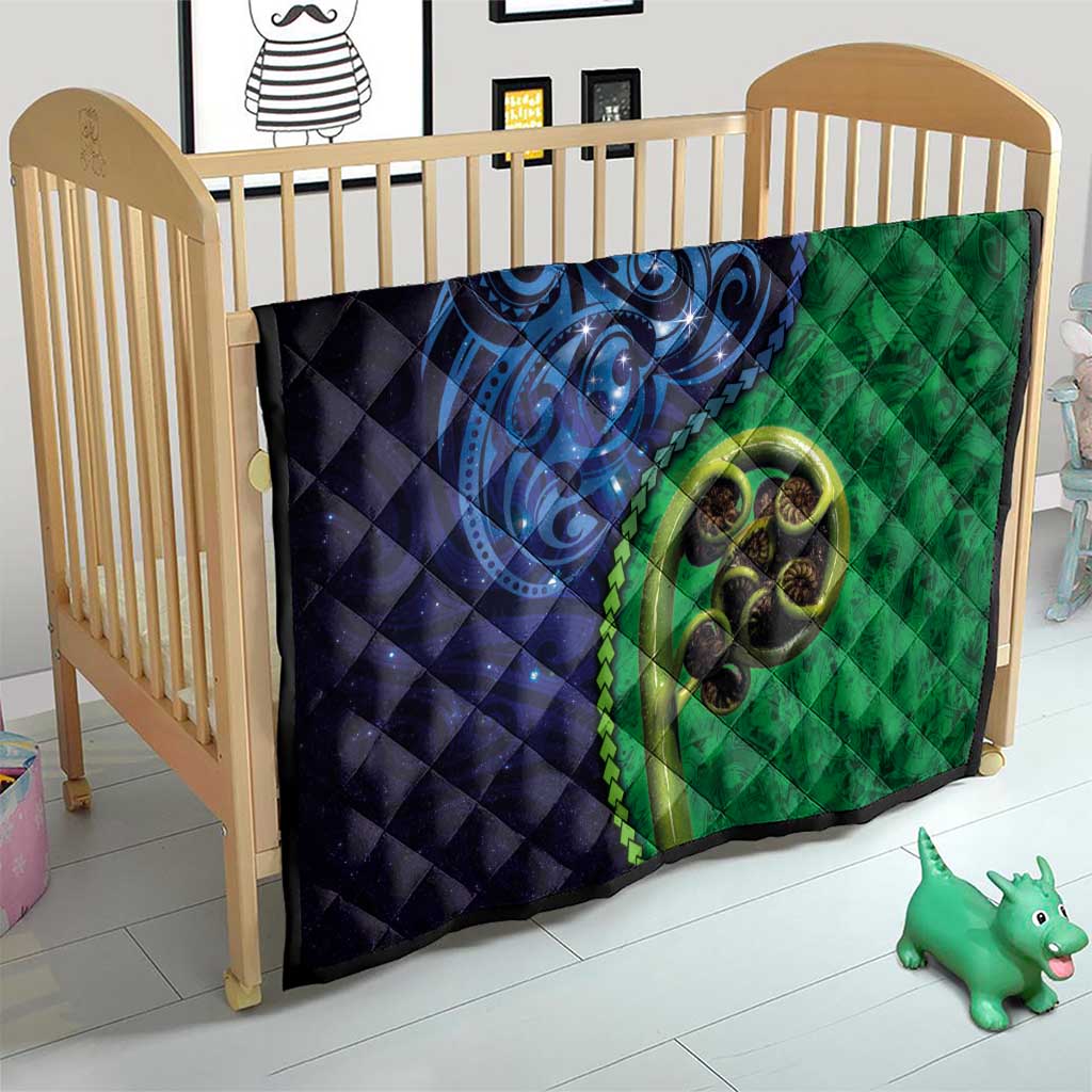 New Zealand Matariki Fern Frond Koru Quilt with Galaxy Blue Sky and Green Paua Shell Art LT03 - Polynesian Pride