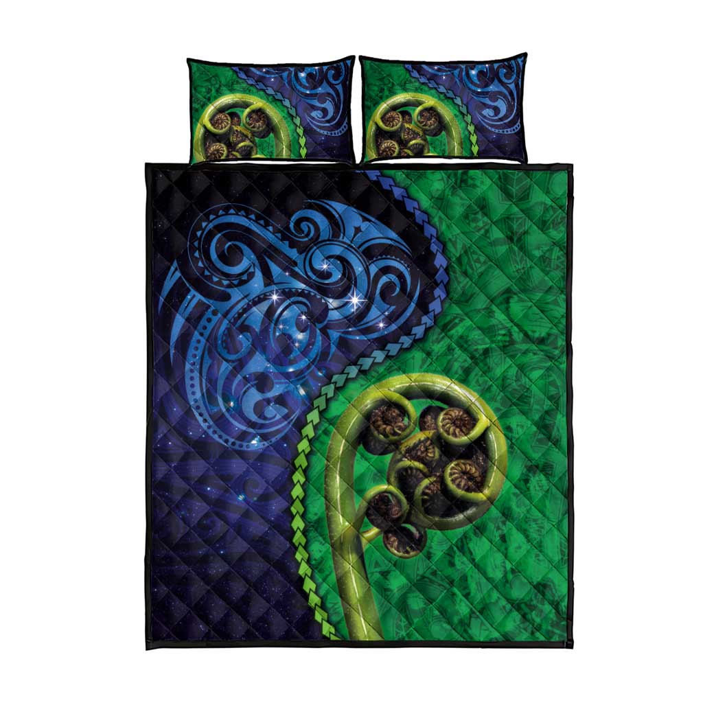 New Zealand Matariki Fern Frond Koru Quilt Bed Set with Galaxy Blue Sky and Green Paua Shell Art LT03 - Polynesian Pride