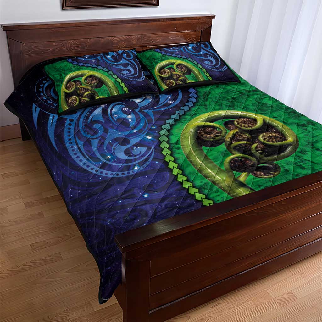 New Zealand Matariki Fern Frond Koru Quilt Bed Set with Galaxy Blue Sky and Green Paua Shell Art LT03 - Polynesian Pride