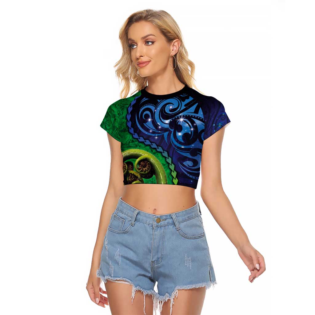 New Zealand Matariki Fern Frond Koru Raglan Cropped T Shirt with Galaxy Blue Sky and Green Paua Shell Art LT03 Female Blue - Polynesian Pride