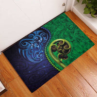 New Zealand Matariki Fern Frond Koru Rubber Doormat with Galaxy Blue Sky and Green Paua Shell Art LT03 - Polynesian Pride