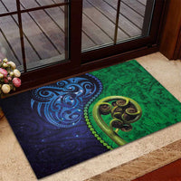 New Zealand Matariki Fern Frond Koru Rubber Doormat with Galaxy Blue Sky and Green Paua Shell Art LT03 - Polynesian Pride