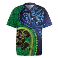 New Zealand Matariki Fern Frond Koru Rugby Jersey with Galaxy Blue Sky and Green Paua Shell Art LT03 Blue - Polynesian Pride