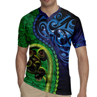 New Zealand Matariki Fern Frond Koru Rugby Jersey with Galaxy Blue Sky and Green Paua Shell Art LT03 - Polynesian Pride