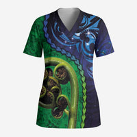 New Zealand Matariki Fern Frond Koru Scrub Top with Galaxy Blue Sky and Green Paua Shell Art LT03 Adult Blue - Polynesian Pride