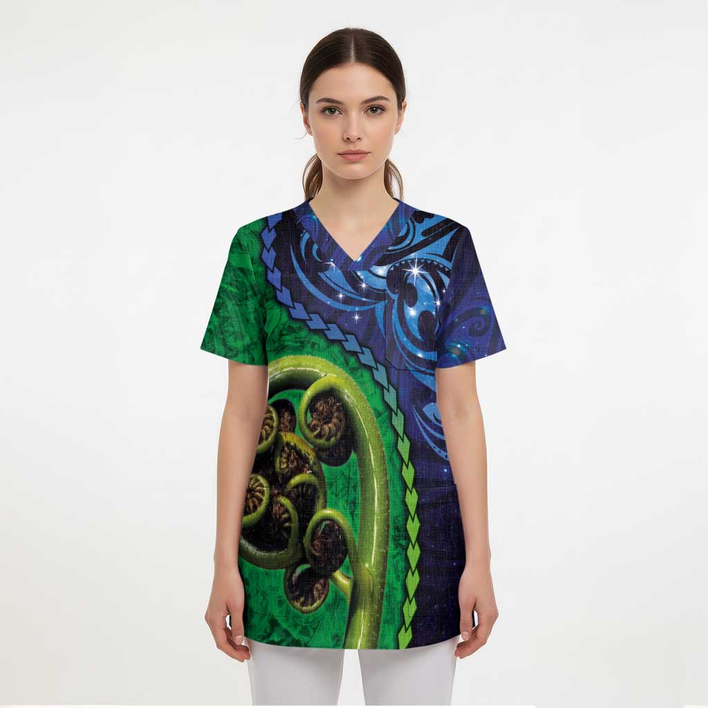 New Zealand Matariki Fern Frond Koru Scrub Top with Galaxy Blue Sky and Green Paua Shell Art LT03 - Polynesian Pride