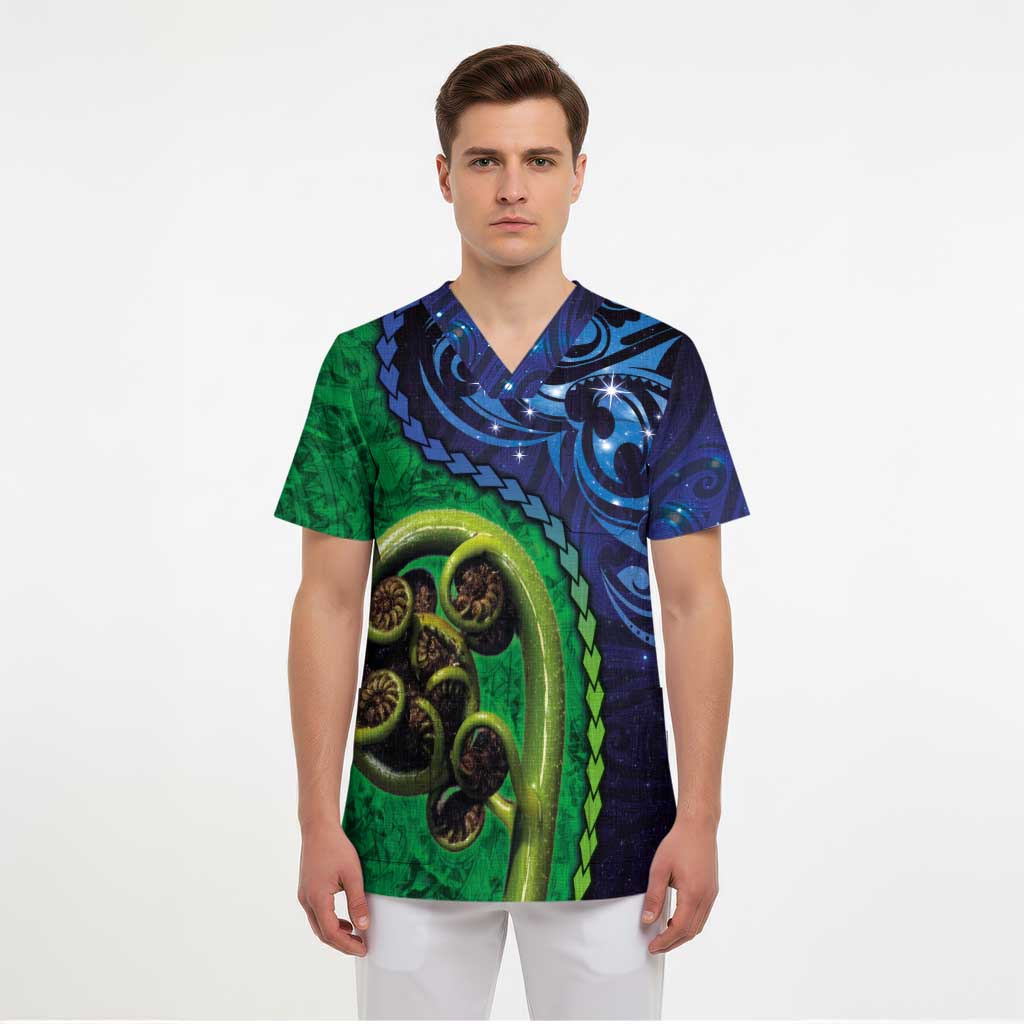 New Zealand Matariki Fern Frond Koru Scrub Top with Galaxy Blue Sky and Green Paua Shell Art LT03 - Polynesian Pride