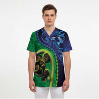 New Zealand Matariki Fern Frond Koru Scrub Top with Galaxy Blue Sky and Green Paua Shell Art LT03 - Polynesian Pride