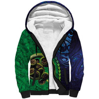 New Zealand Matariki Fern Frond Koru Sherpa Hoodie with Galaxy Blue Sky and Green Paua Shell Art LT03 Unisex Blue - Polynesian Pride