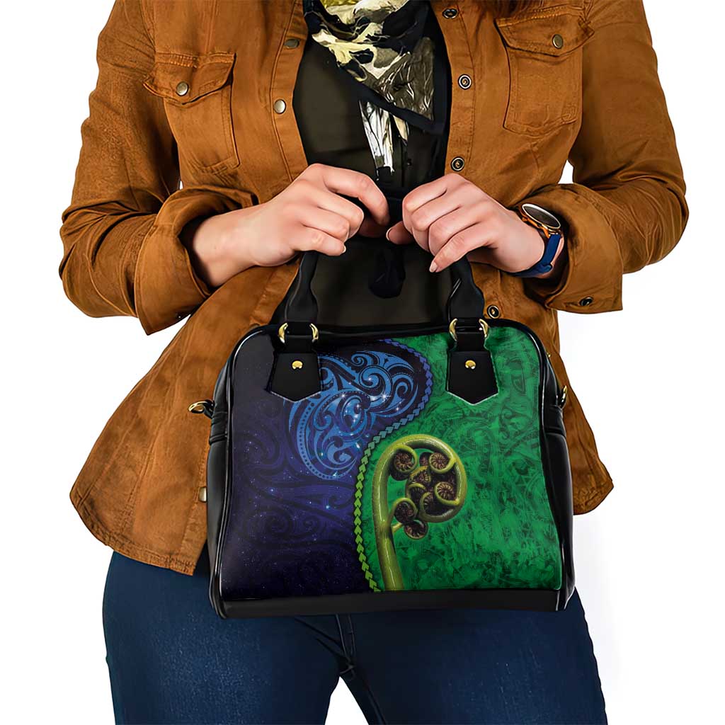 New Zealand Matariki Fern Frond Koru Shoulder Handbag with Galaxy Blue Sky and Green Paua Shell Art LT03 - Polynesian Pride