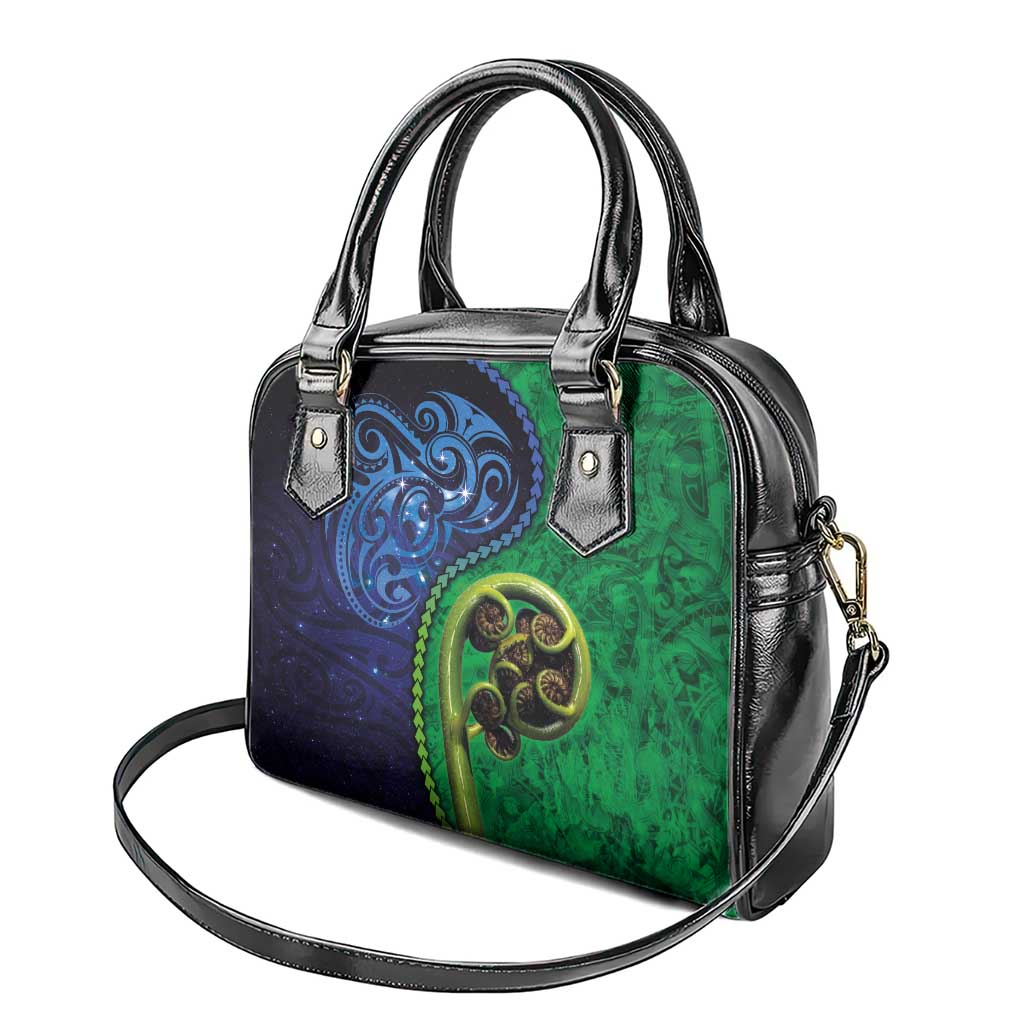 New Zealand Matariki Fern Frond Koru Shoulder Handbag with Galaxy Blue Sky and Green Paua Shell Art LT03 - Polynesian Pride