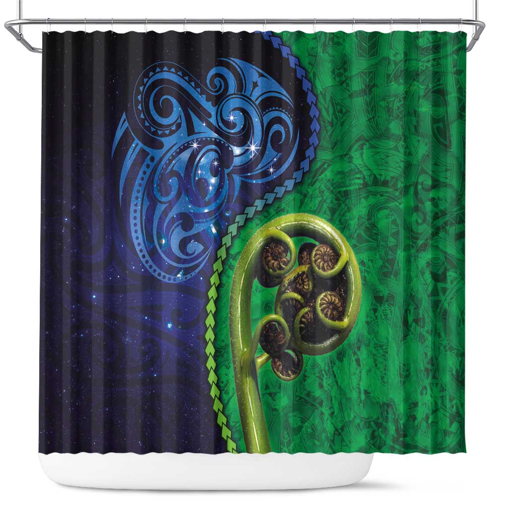 New Zealand Matariki Fern Frond Koru Shower Curtain with Galaxy Blue Sky and Green Paua Shell Art LT03 Blue - Polynesian Pride