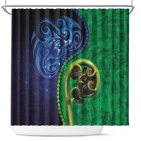 New Zealand Matariki Fern Frond Koru Shower Curtain with Galaxy Blue Sky and Green Paua Shell Art LT03 Blue - Polynesian Pride