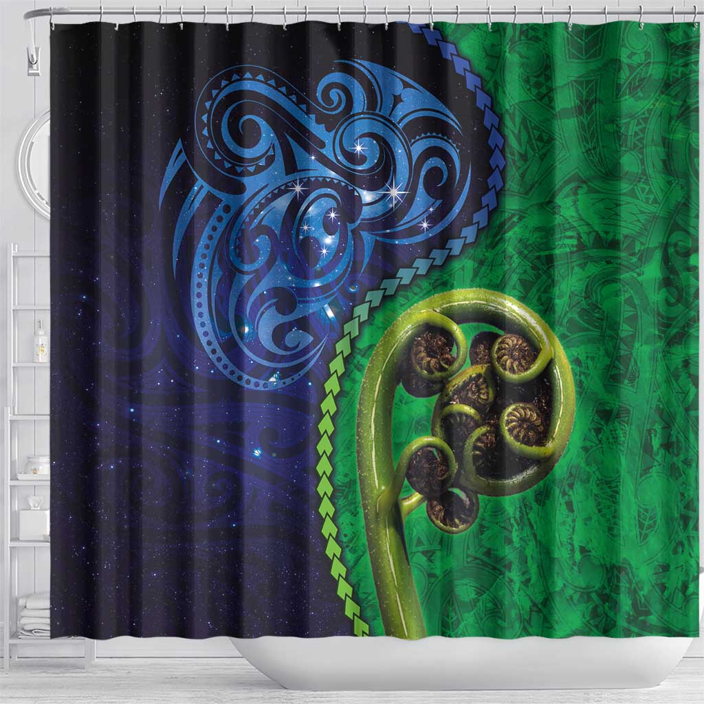 New Zealand Matariki Fern Frond Koru Shower Curtain with Galaxy Blue Sky and Green Paua Shell Art LT03 - Polynesian Pride