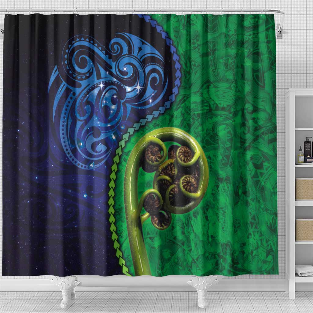 New Zealand Matariki Fern Frond Koru Shower Curtain with Galaxy Blue Sky and Green Paua Shell Art LT03 - Polynesian Pride