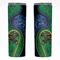 New Zealand Matariki Fern Frond Koru Skinny Tumbler with Galaxy Blue Sky and Green Paua Shell Art LT03 Blue - Polynesian Pride