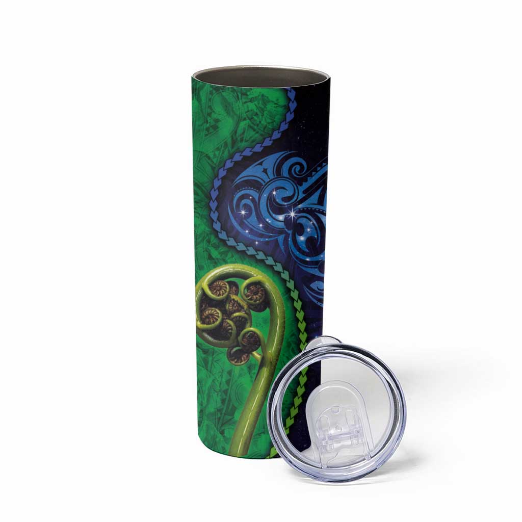 New Zealand Matariki Fern Frond Koru Skinny Tumbler with Galaxy Blue Sky and Green Paua Shell Art LT03 - Polynesian Pride