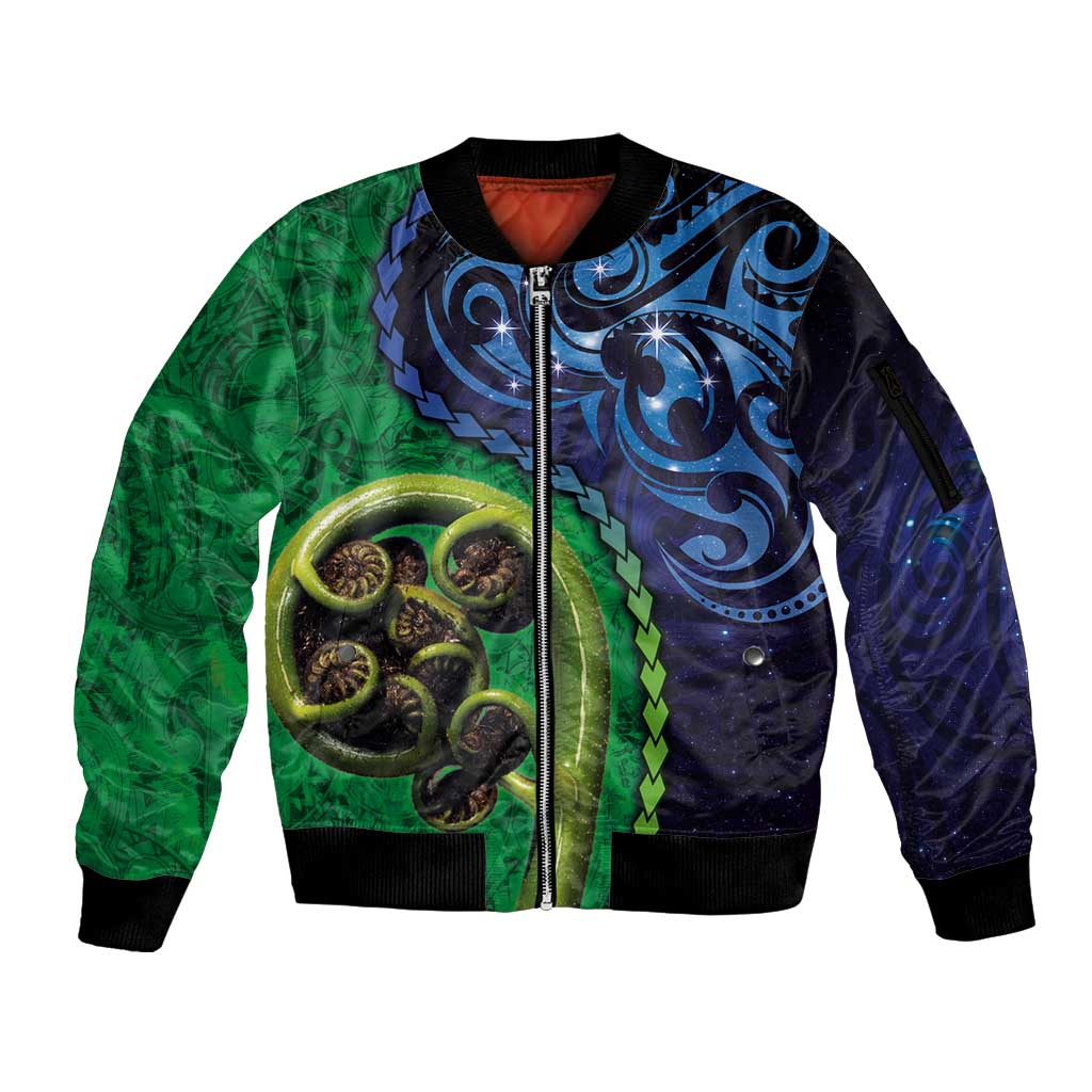 New Zealand Matariki Fern Frond Koru Sleeve Zip Bomber Jacket with Galaxy Blue Sky and Green Paua Shell Art LT03 Unisex Blue - Polynesian Pride