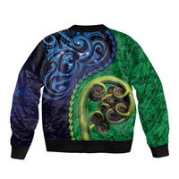 New Zealand Matariki Fern Frond Koru Sleeve Zip Bomber Jacket with Galaxy Blue Sky and Green Paua Shell Art LT03 - Polynesian Pride