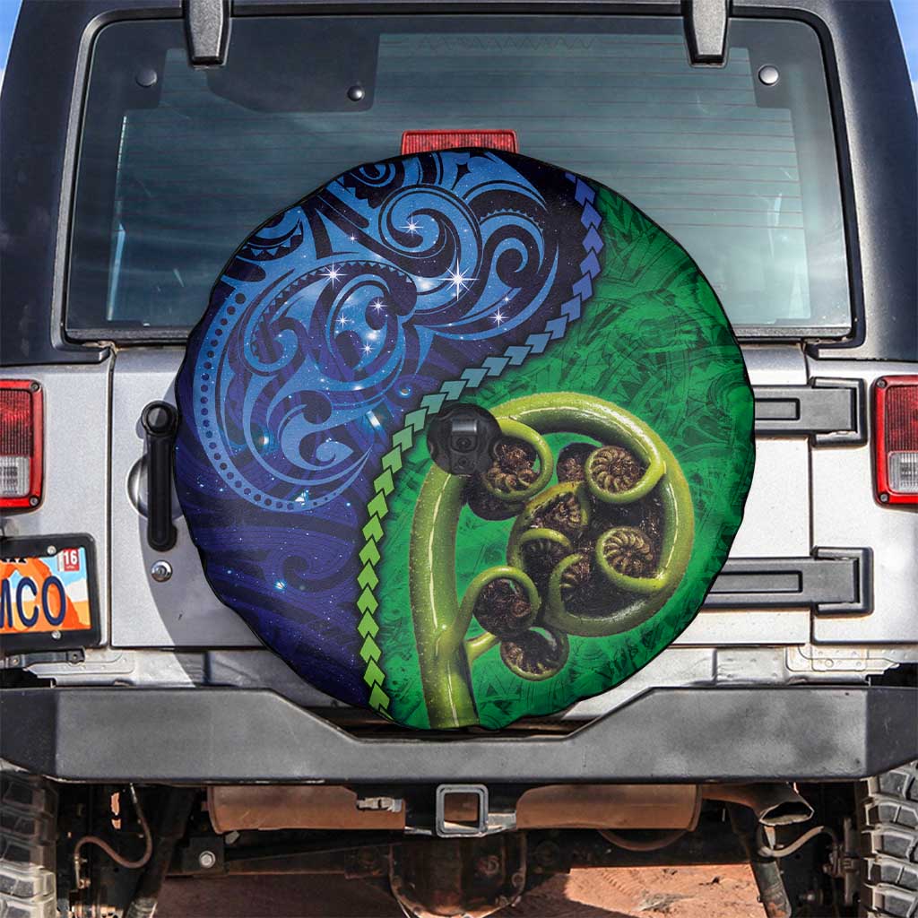 New Zealand Matariki Fern Frond Koru Spare Tire Cover with Galaxy Blue Sky and Green Paua Shell Art LT03 Blue - Polynesian Pride