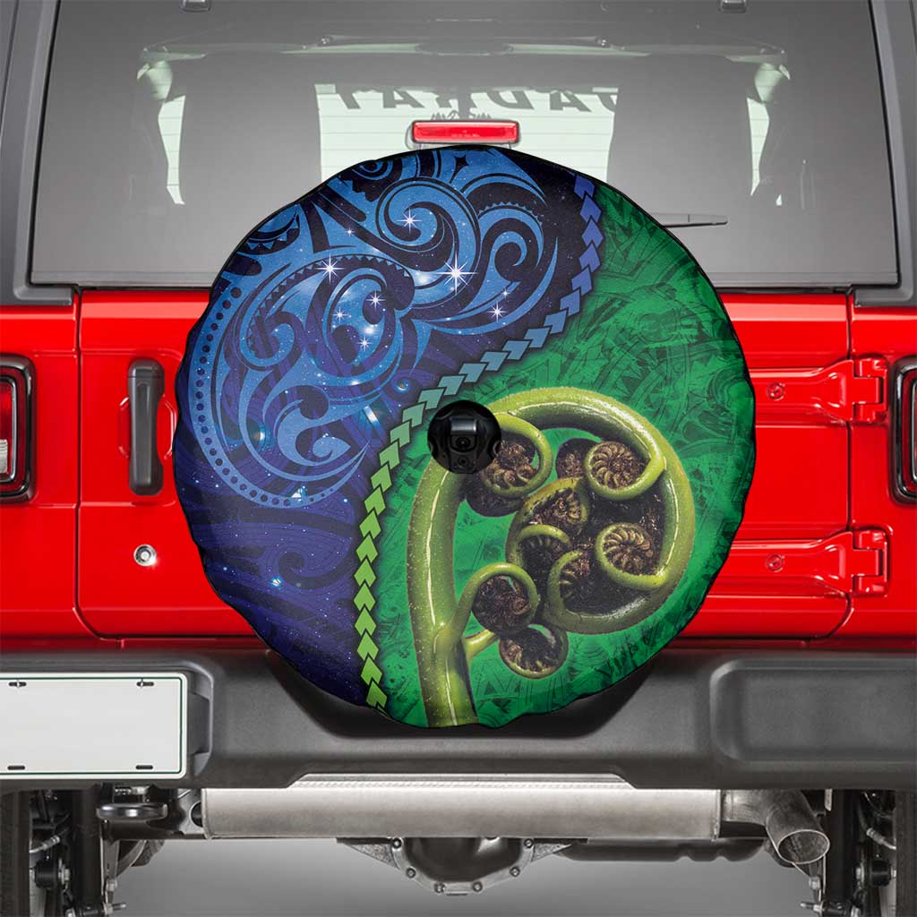 New Zealand Matariki Fern Frond Koru Spare Tire Cover with Galaxy Blue Sky and Green Paua Shell Art LT03 - Polynesian Pride