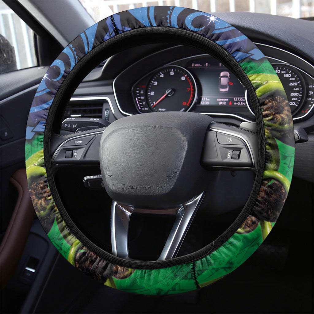 New Zealand Matariki Fern Frond Koru Steering Wheel Cover with Galaxy Blue Sky and Green Paua Shell Art LT03 - Polynesian Pride