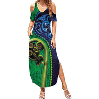 New Zealand Matariki Fern Frond Koru Summer Maxi Dress with Galaxy Blue Sky and Green Paua Shell Art LT03 Women Blue - Polynesian Pride