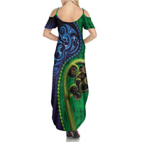 New Zealand Matariki Fern Frond Koru Summer Maxi Dress with Galaxy Blue Sky and Green Paua Shell Art LT03 - Polynesian Pride