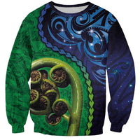 New Zealand Matariki Fern Frond Koru Sweatshirt with Galaxy Blue Sky and Green Paua Shell Art LT03 Unisex Blue - Polynesian Pride