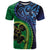 New Zealand Matariki Fern Frond Koru T Shirt with Galaxy Blue Sky and Green Paua Shell Art
