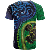 New Zealand Matariki Fern Frond Koru T Shirt with Galaxy Blue Sky and Green Paua Shell Art LT03 - Polynesian Pride