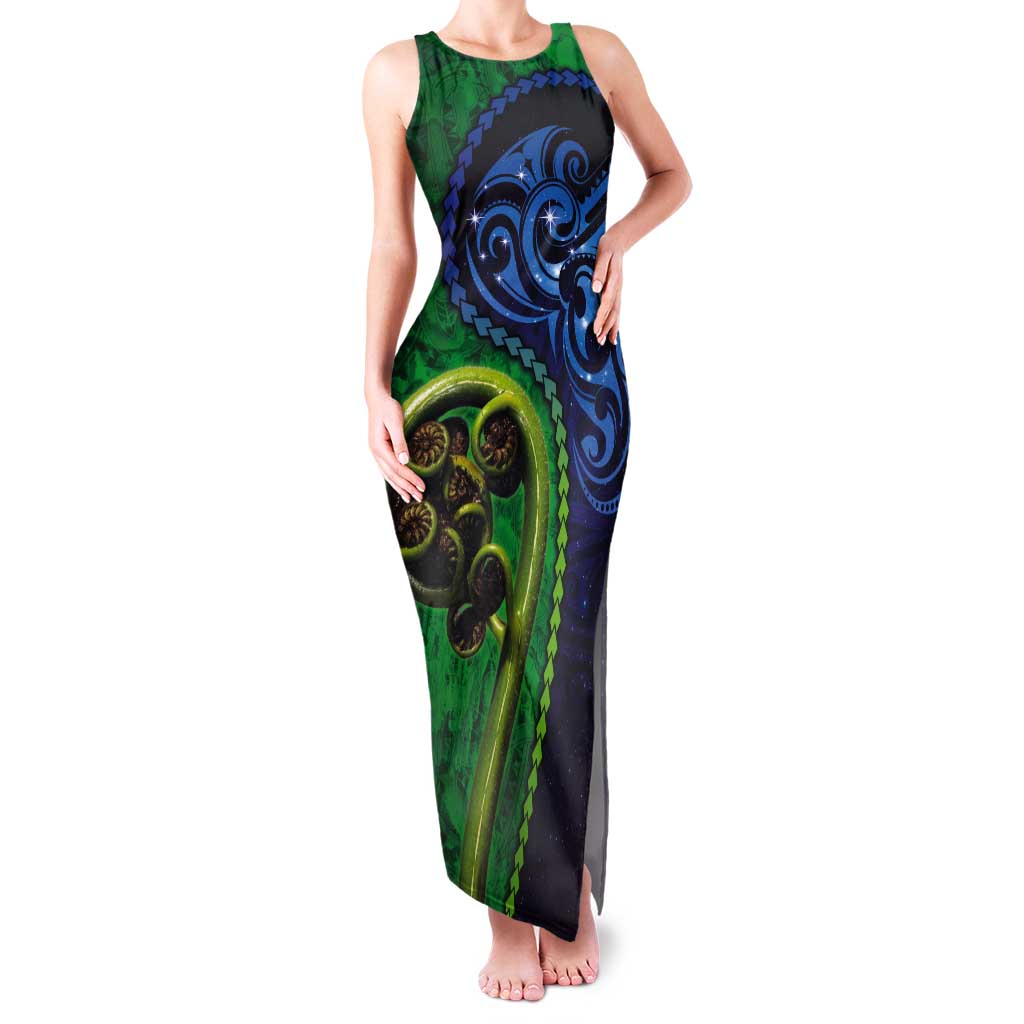New Zealand Matariki Fern Frond Koru Tank Maxi Dress with Galaxy Blue Sky and Green Paua Shell Art LT03 Women Blue - Polynesian Pride