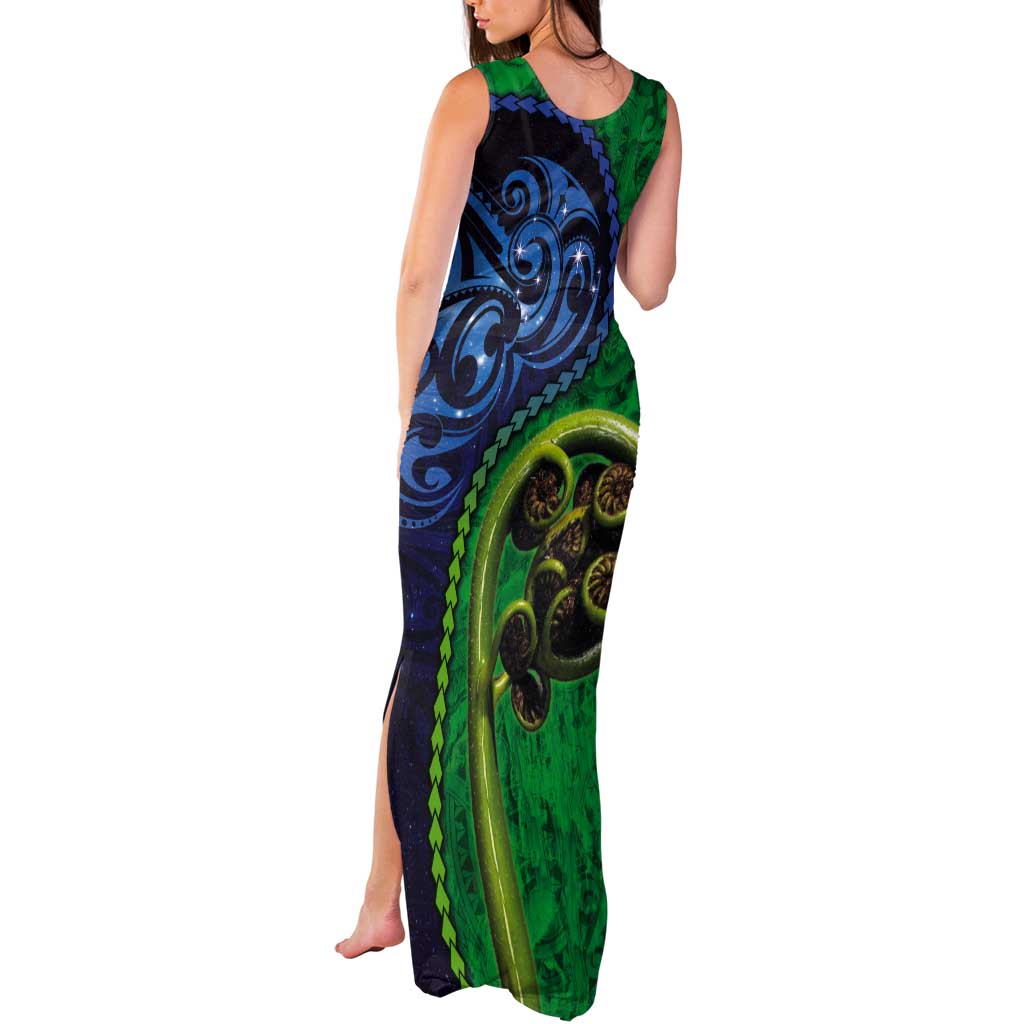 New Zealand Matariki Fern Frond Koru Tank Maxi Dress with Galaxy Blue Sky and Green Paua Shell Art LT03 - Polynesian Pride