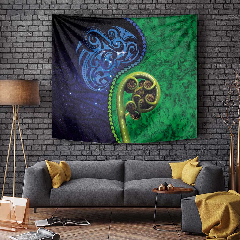 New Zealand Matariki Fern Frond Koru Tapestry with Galaxy Blue Sky and Green Paua Shell Art LT03 Blue - Polynesian Pride